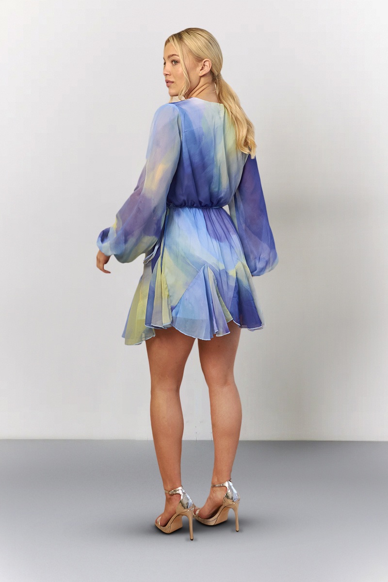 Blue Abstract Print Chiffon Wrap Godet Frill Mini Dress