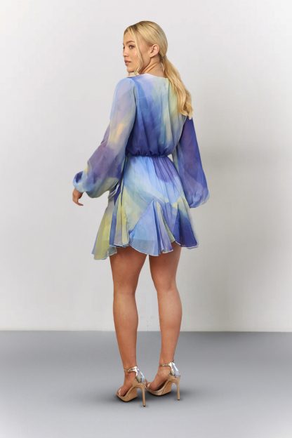Blue Abstract Print Chiffon Wrap Godet Frill Mini Dress