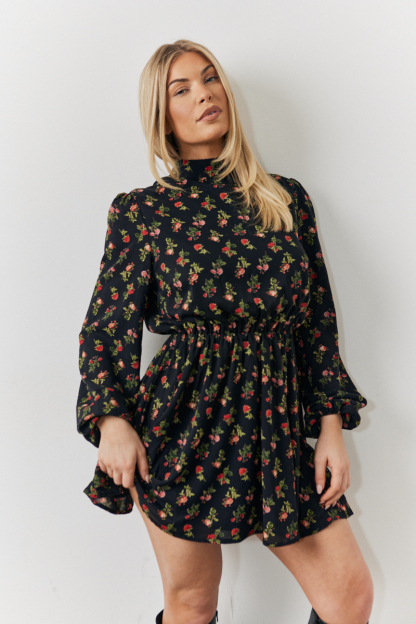 Rose Print High Neck Dress
