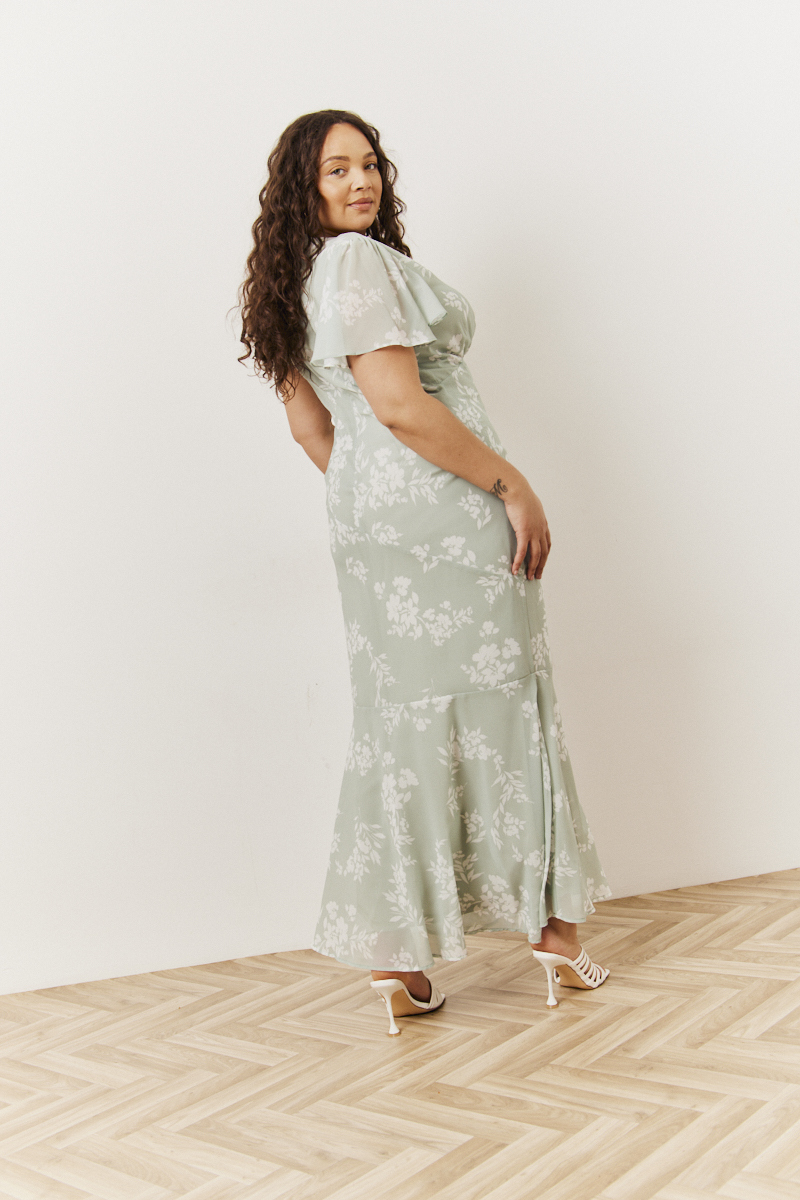 Sage Floral Print Chiffon Flutter Sleeve Maxi Dress