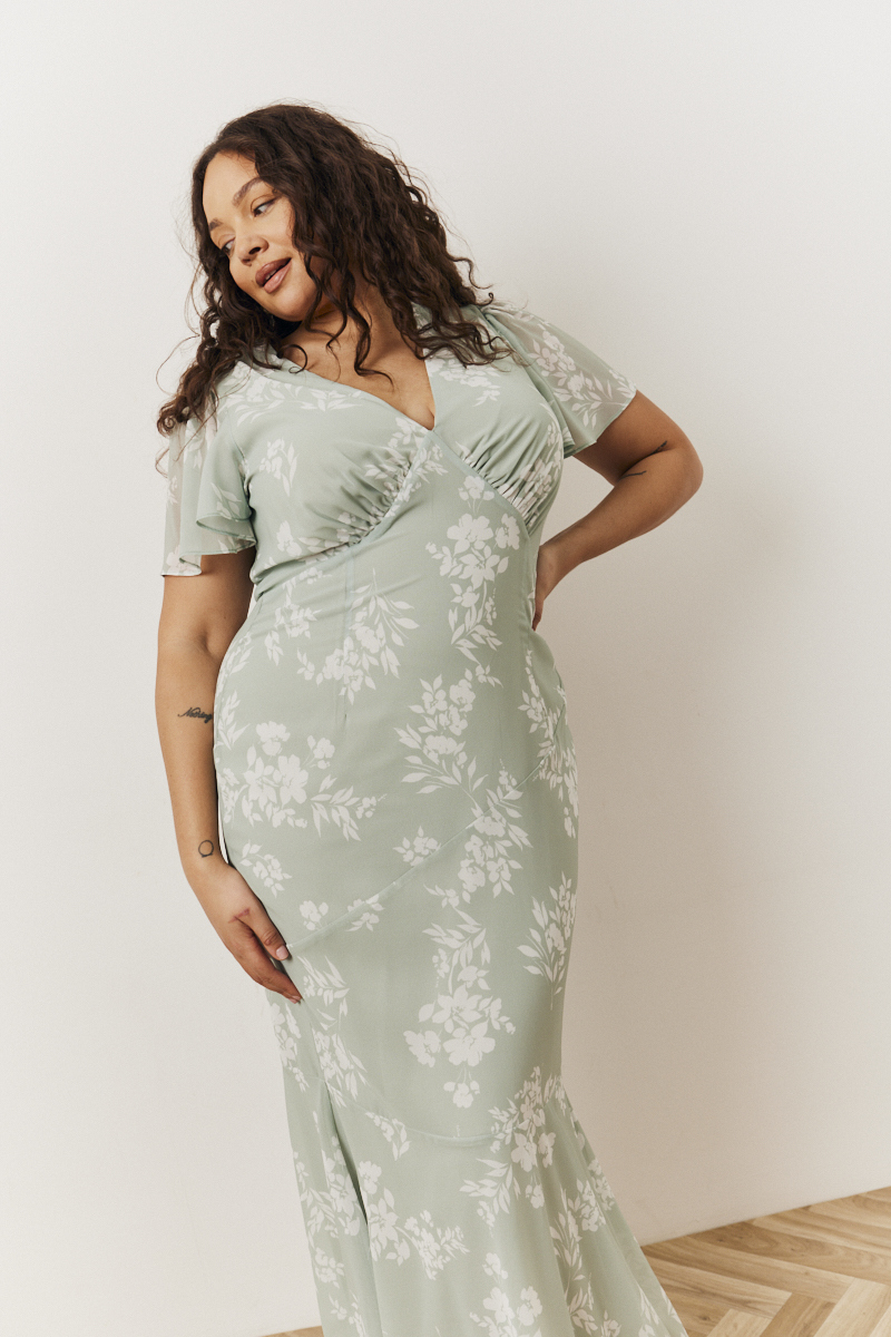 Sage Floral Print Chiffon Flutter Sleeve Maxi Dress