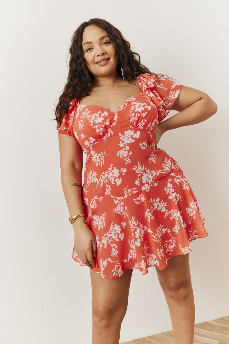 Coral Floral Print Chiffon Flutter Sleeve Mini Dress