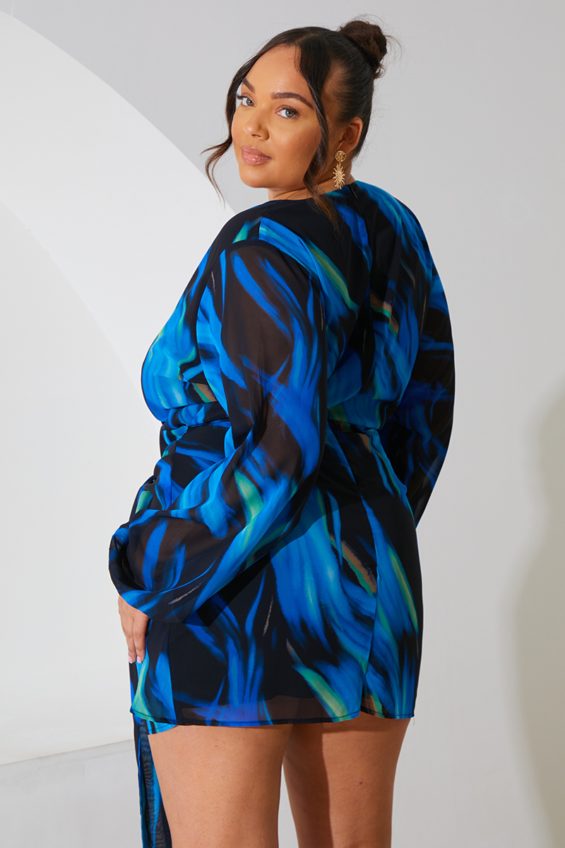 Chiffon Abstract Drape Wrap Mini Dress