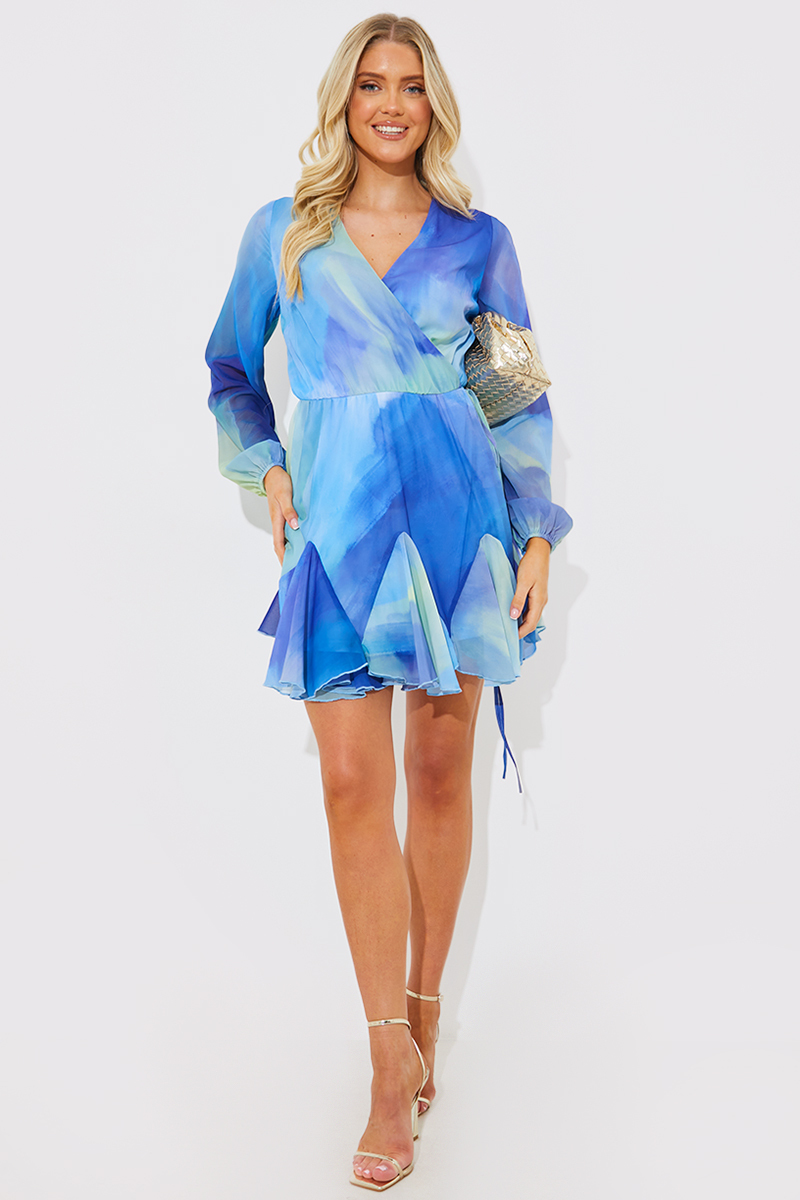 Tie Dye Godet Detail Wrap Swing Dress