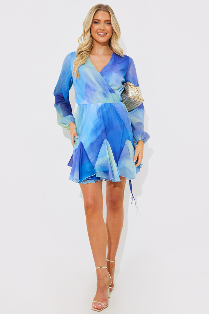 Tie Dye Godet Detail Wrap Swing Dress