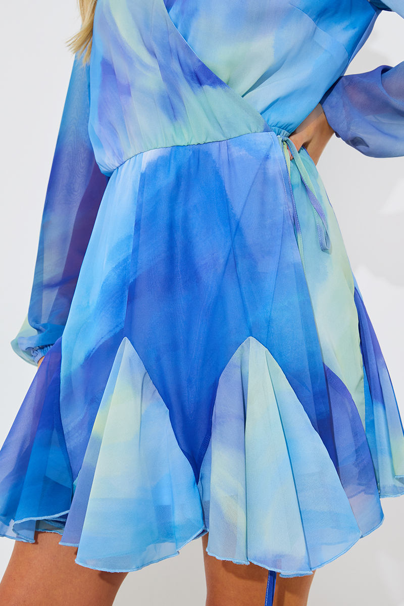 Tie Dye Godet Detail Wrap Swing Dress