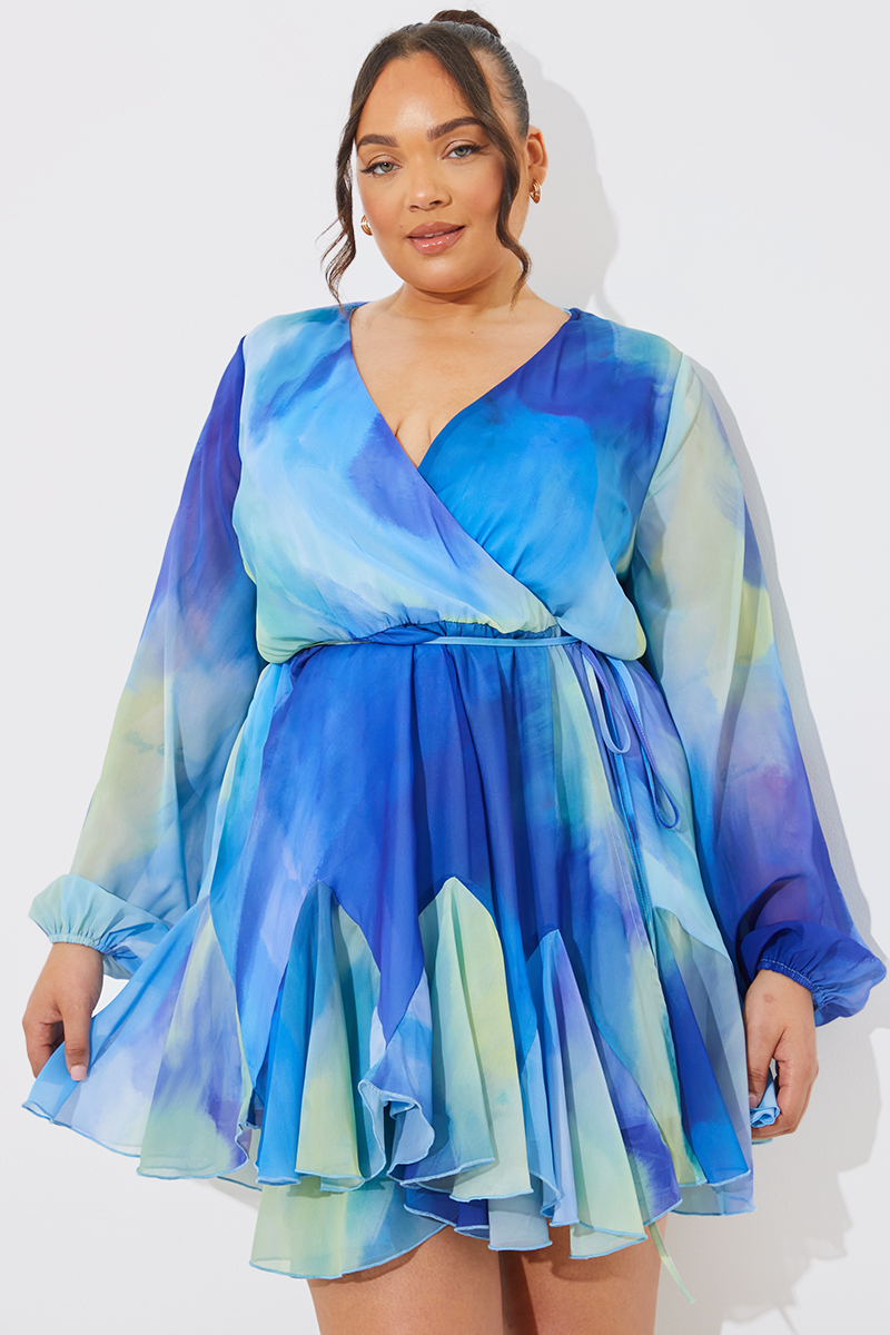 Tie Dye Godet Detail Wrap Swing Dress