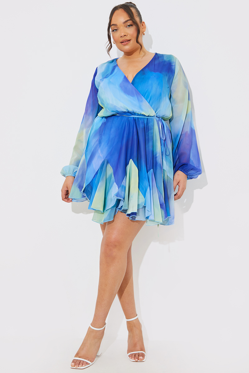 Tie Dye Godet Detail Wrap Swing Dress