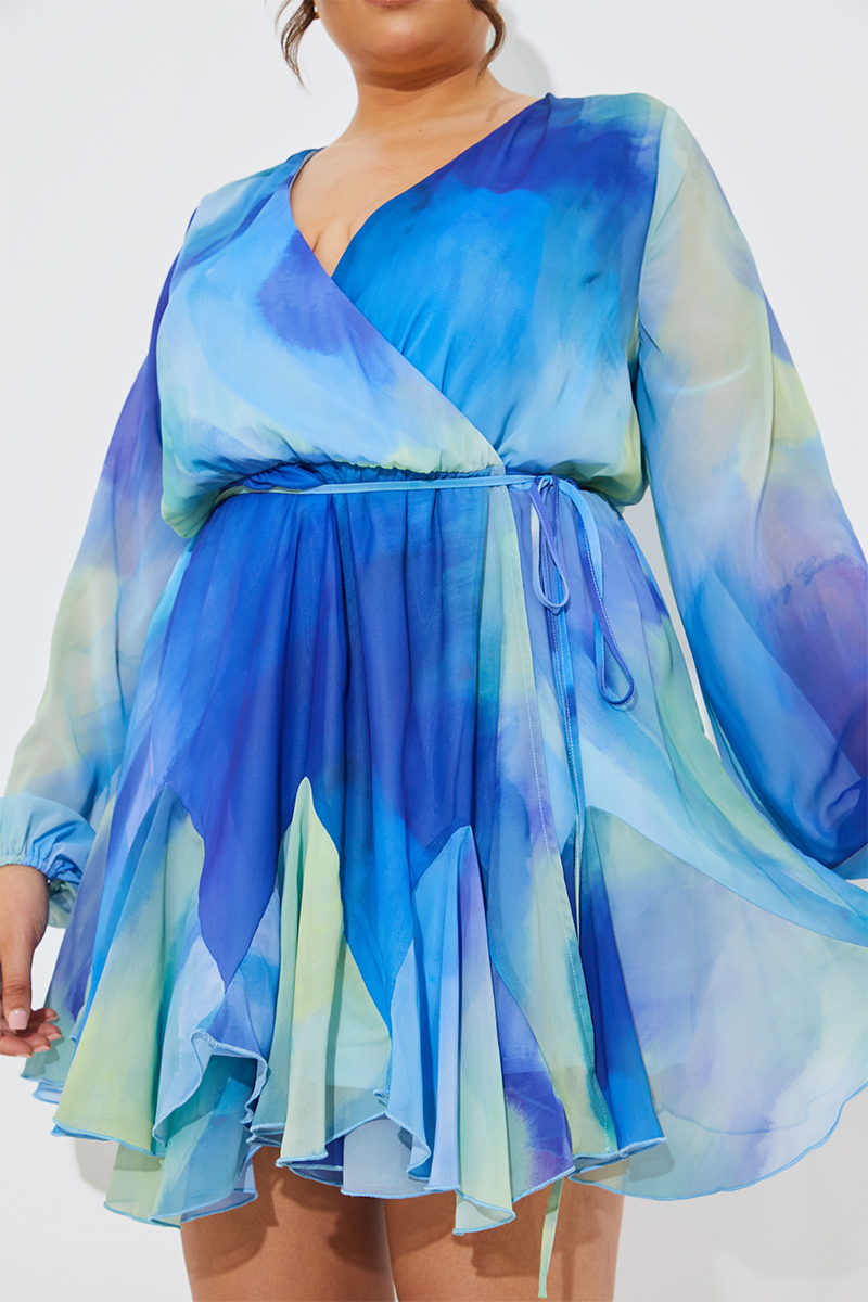 Tie Dye Godet Detail Wrap Swing Dress