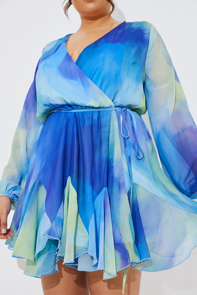 Tie Dye Godet Detail Wrap Swing Dress