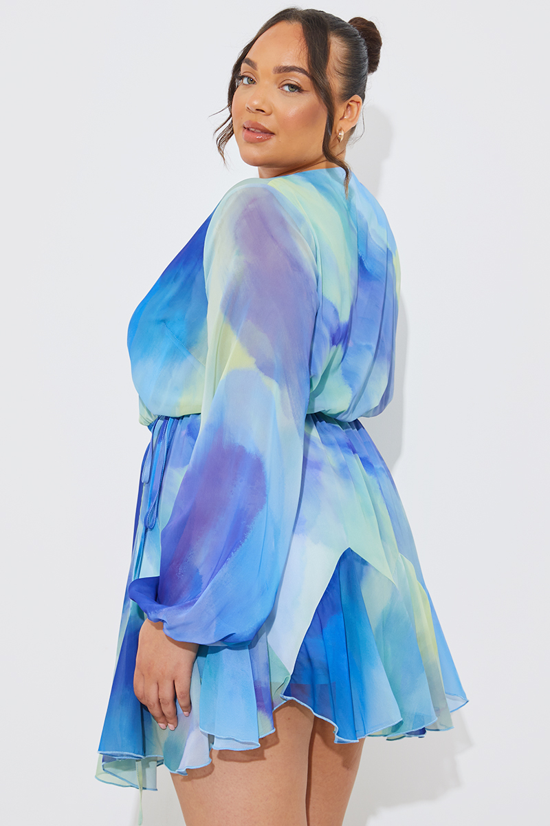 Tie Dye Godet Detail Wrap Swing Dress
