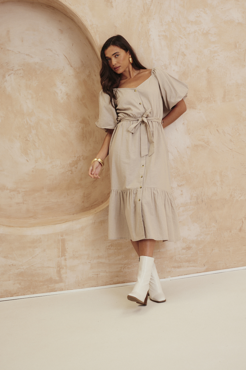 Recycled Puff Sleeve Belted Midi Dress