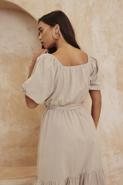 Recycled Puff Sleeve Belted Midi Dress