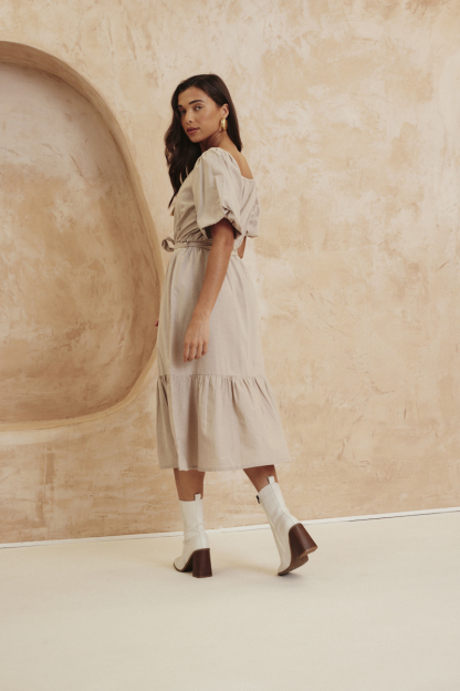 Recycled Puff Sleeve Belted Midi Dress