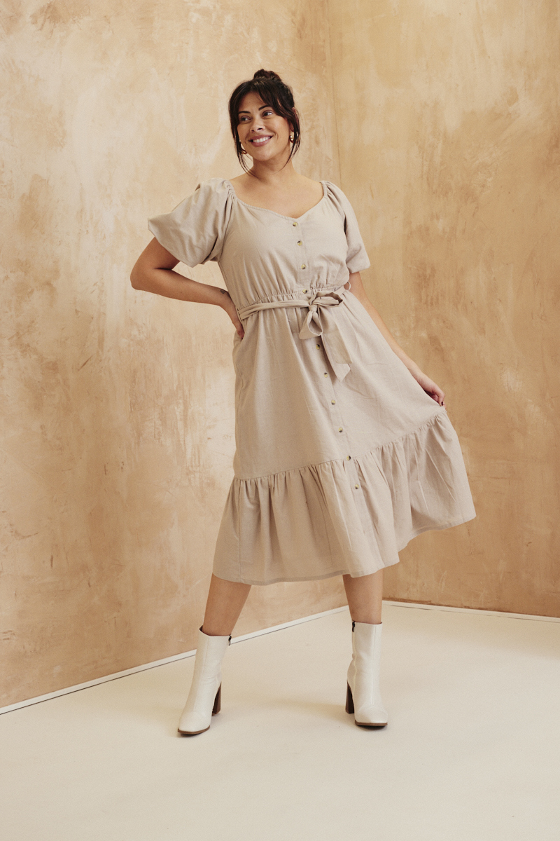 Recycled Puff Sleeve Belted Midi Dress