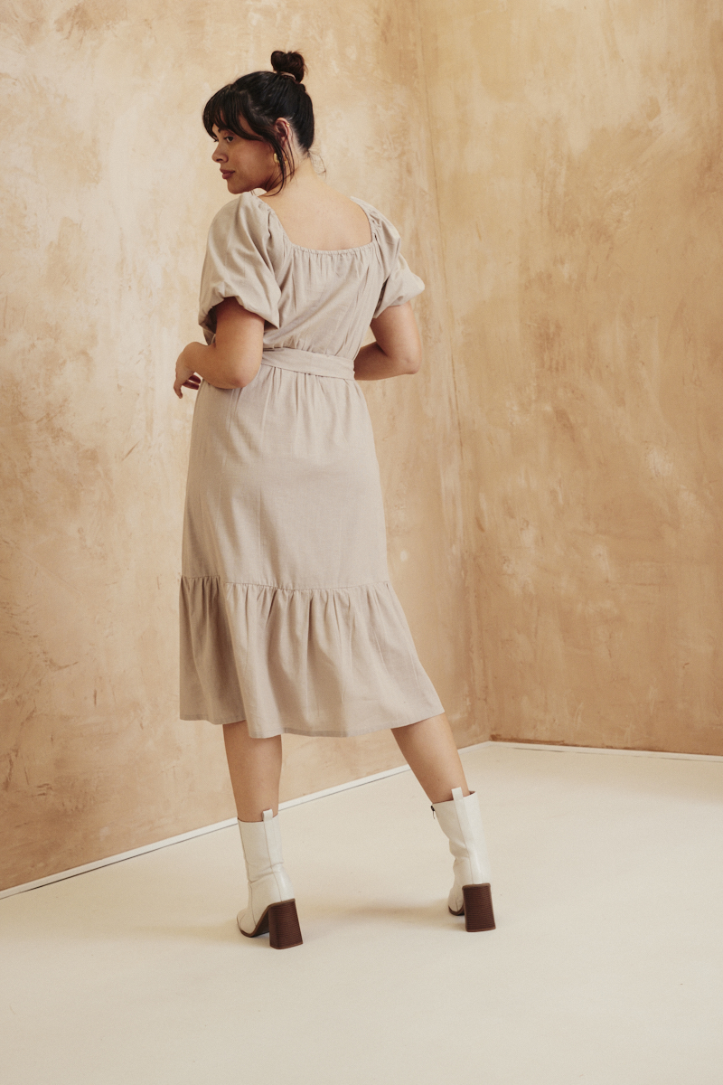 Recycled Puff Sleeve Belted Midi Dress