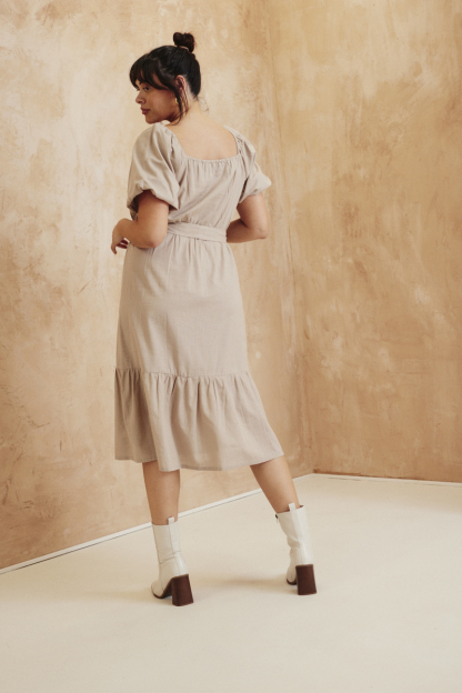 Recycled Puff Sleeve Belted Midi Dress