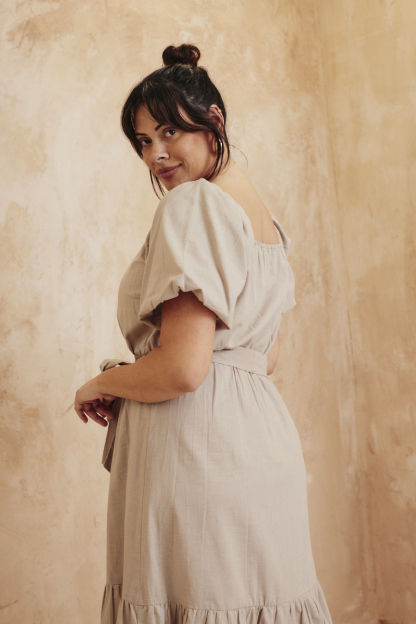 Recycled Puff Sleeve Belted Midi Dress