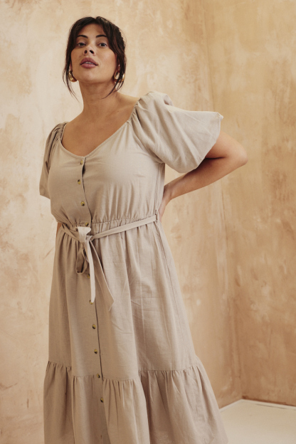 Recycled Puff Sleeve Belted Midi Dress