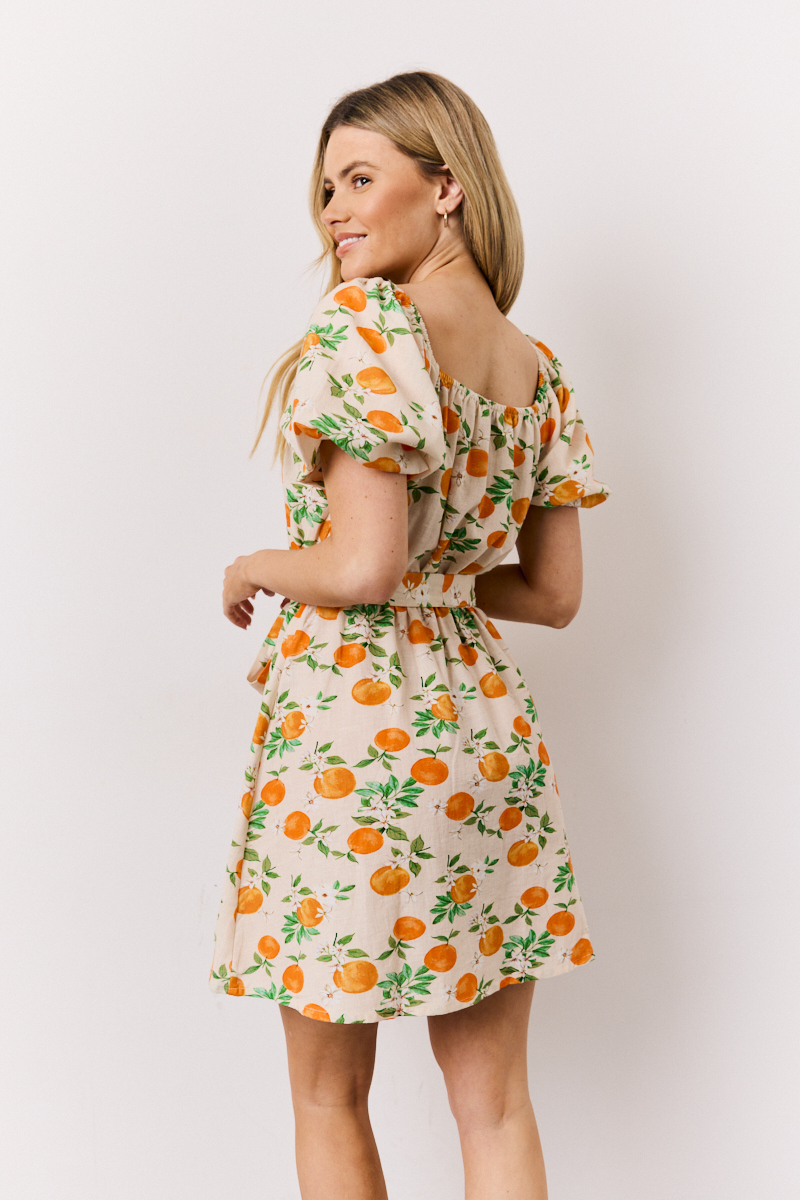 Recycled Orange Print Puff Sleeve Belted Mini Skater Dress