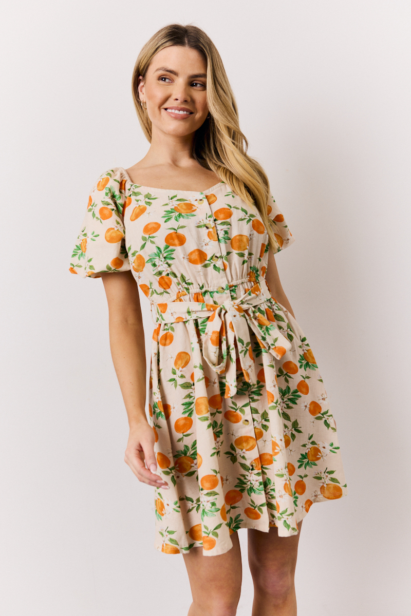 Recycled Orange Print Puff Sleeve Belted Mini Skater Dress