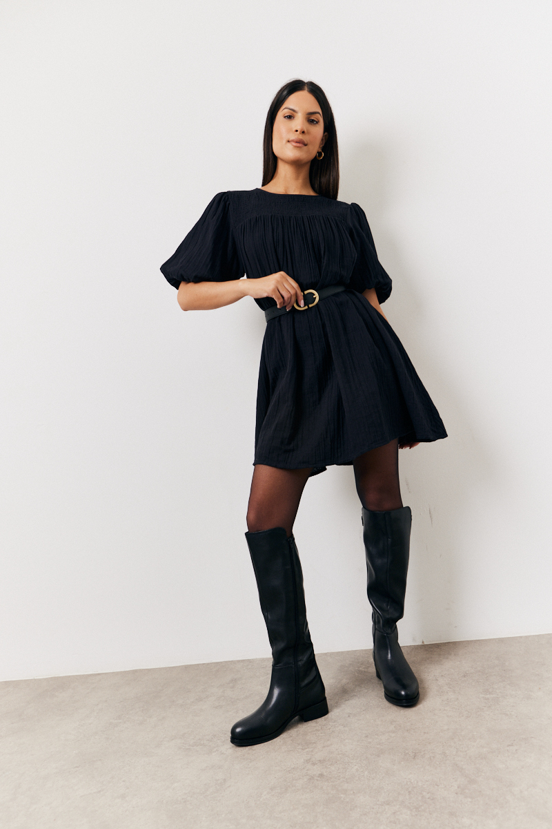 Recycled Textured Puff Sleeve Smock Mini Dress