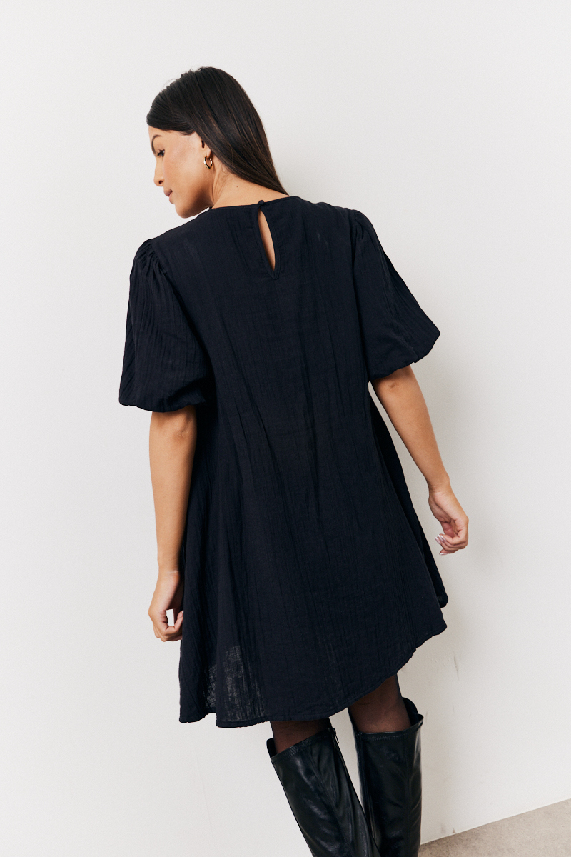 Recycled Textured Puff Sleeve Smock Mini Dress