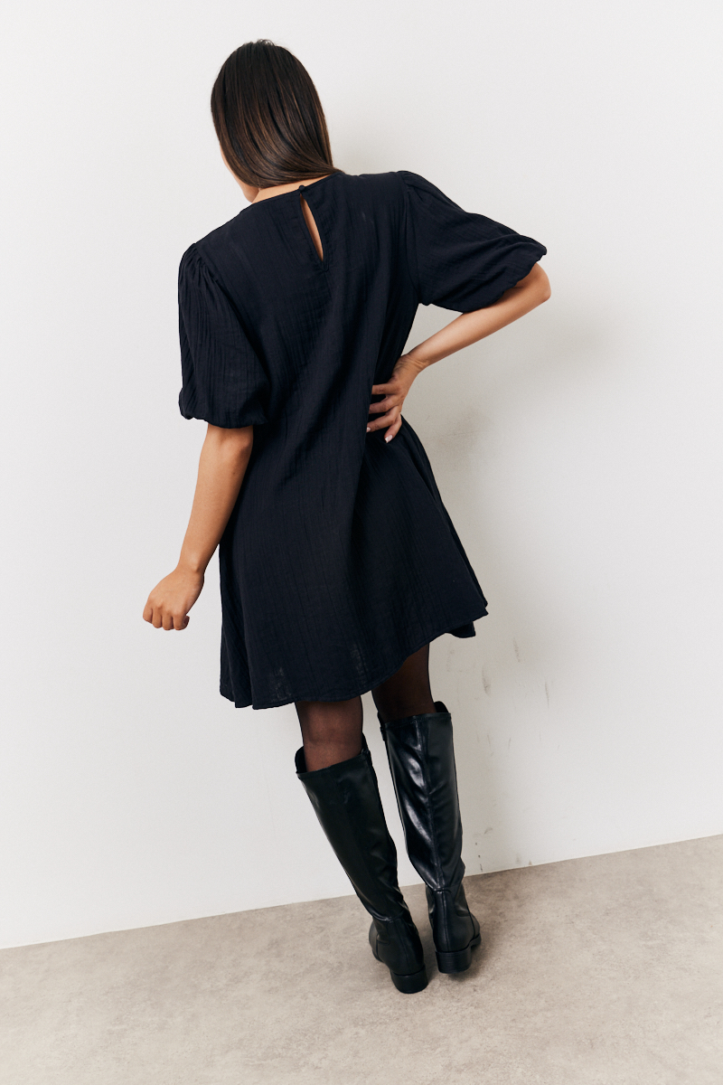 Recycled Textured Puff Sleeve Smock Mini Dress