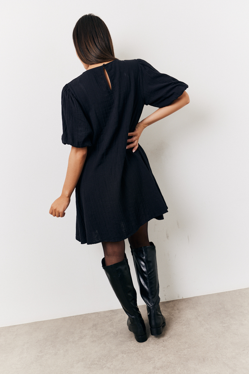 Recycled Textured Puff Sleeve Smock Mini Dress