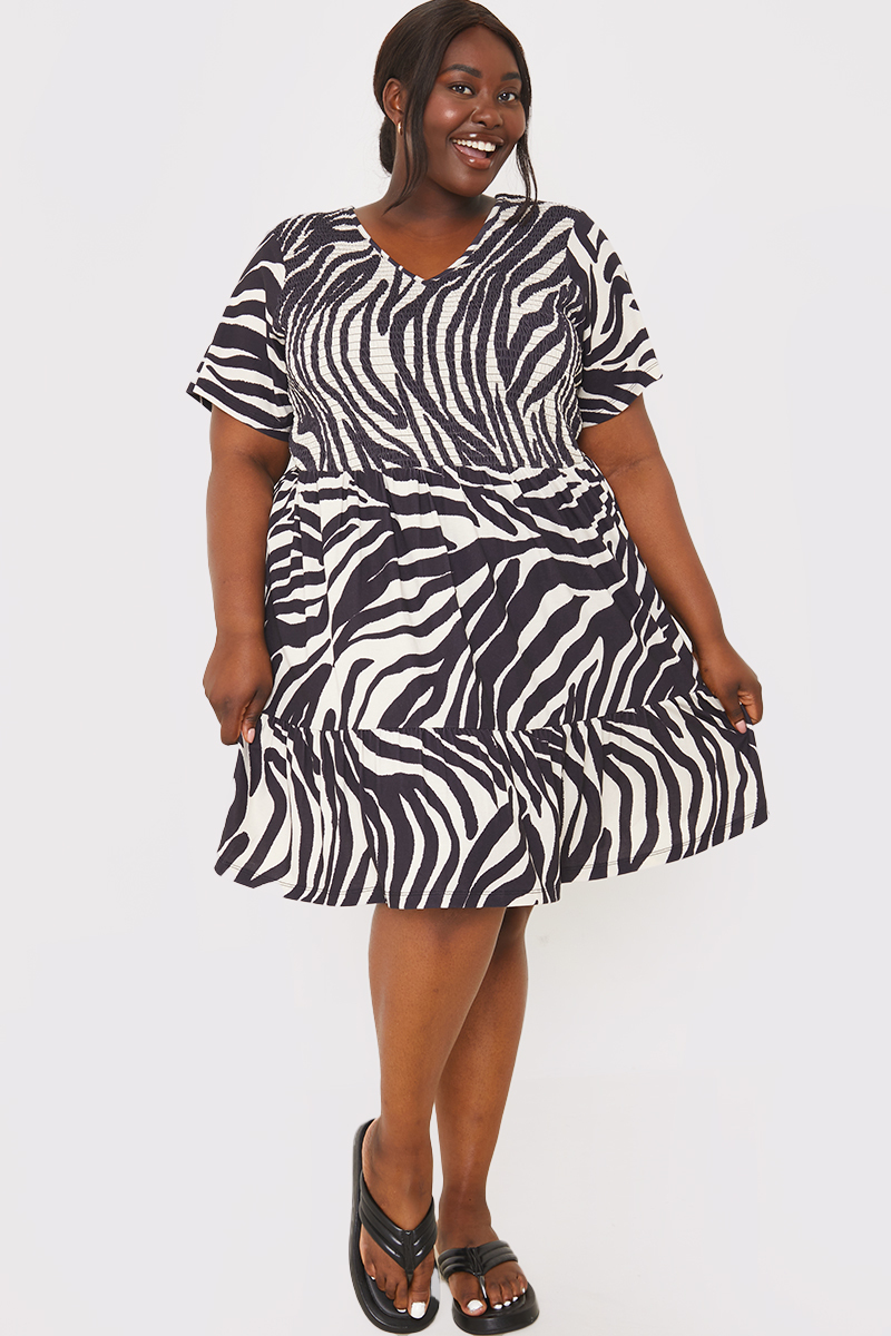 Recycled Zebra Print Jersey Shirred Bodice Mini Dress