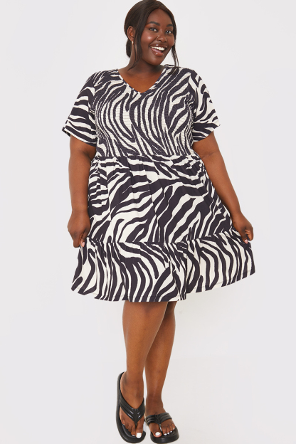 Recycled Zebra Print Jersey Shirred Bodice Mini Dress