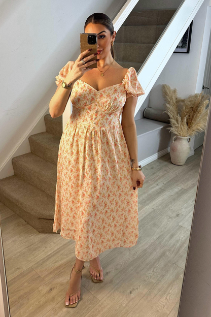 Pink Floral Puff Sleeve Milkmaid Midi Dress