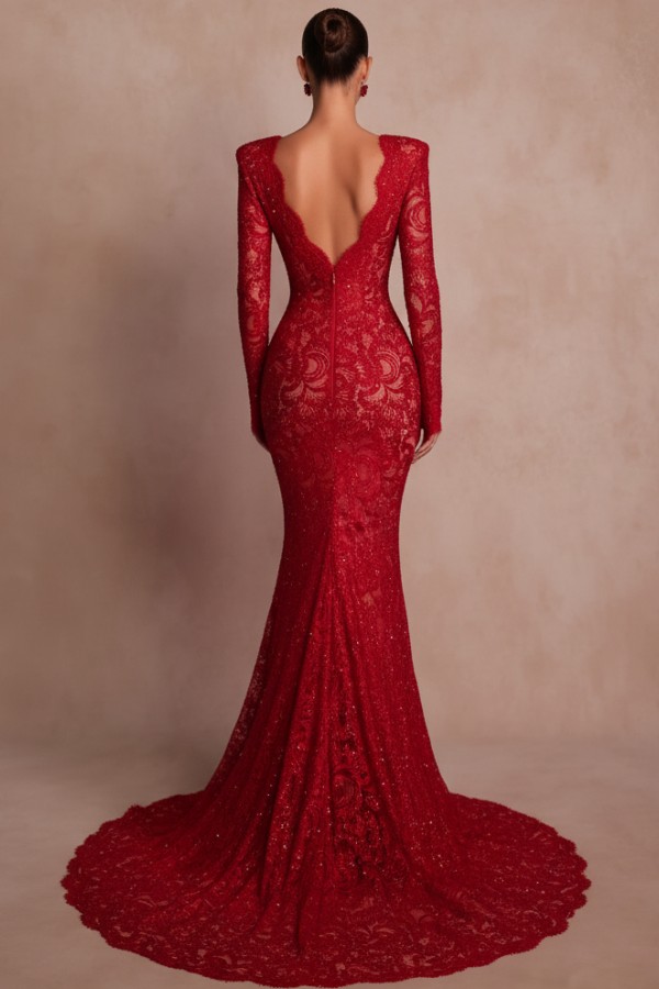 Rote Abendkleider Lang Spitze Glitzer Ballkleider mit Ärmel