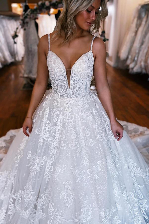 Robe de mariée princesse dentelle à bretelles spaghetti populaire