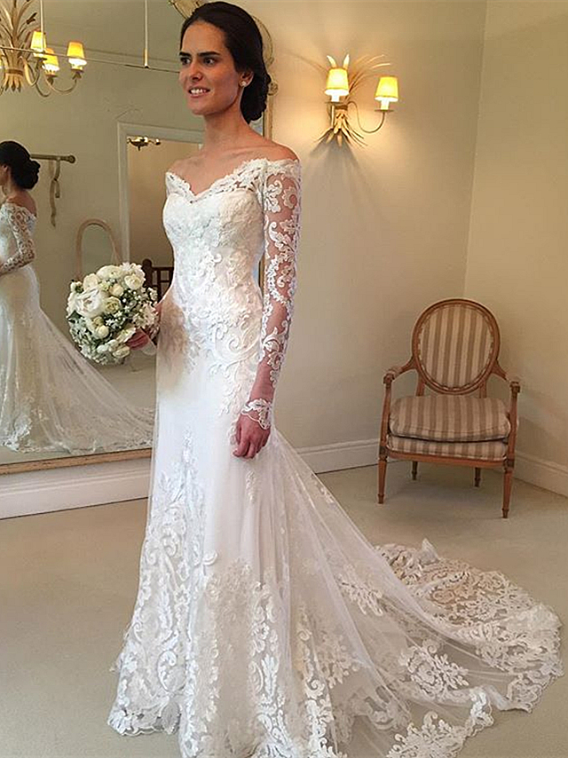 Forme trompette robe de mariée avec manche longue en dentelle délicat traine alayage
