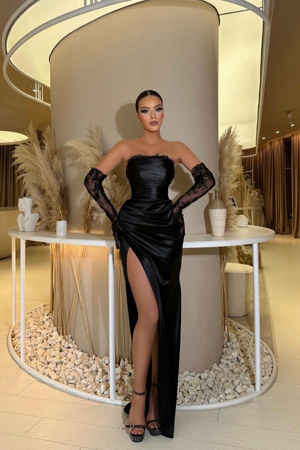 Robe de soirée noir avec manches dentelle | Robe de bal sexy en satin