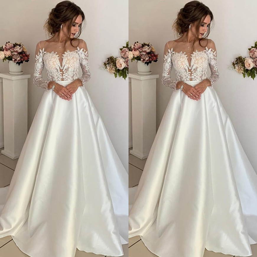 robe de mariée longue princesse en appliques dentelles avec manches longues