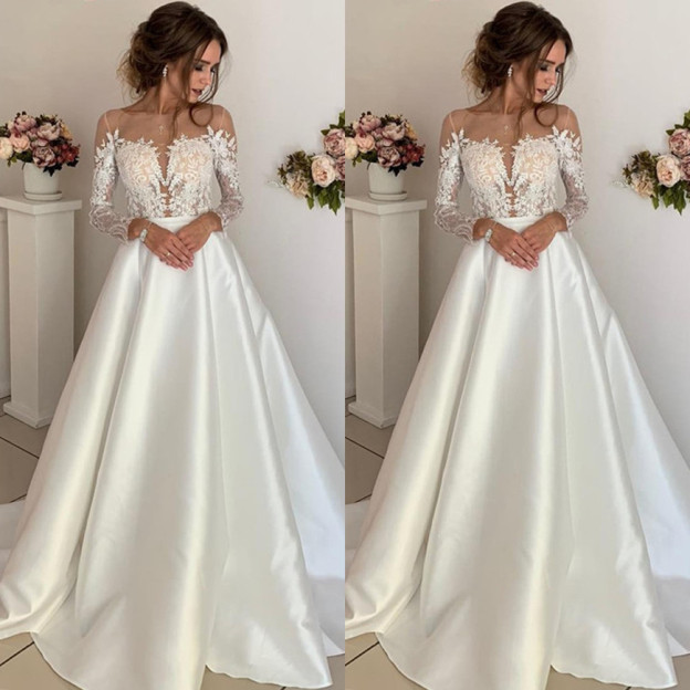 robe de mariée longue princesse en appliques dentelles avec manches longues