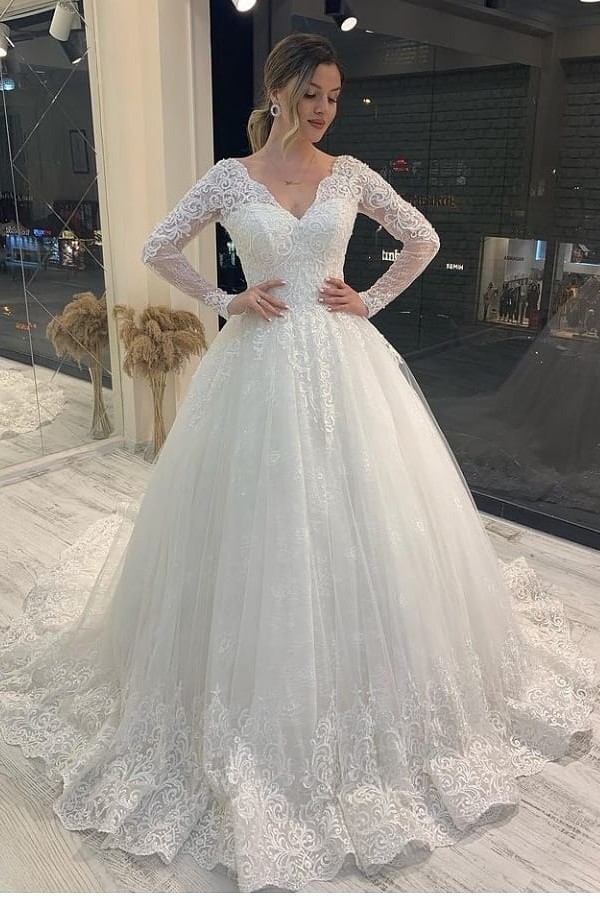 Robes de mariée Une ligne en dentelle | Robes de mariée scintillantes avec manches