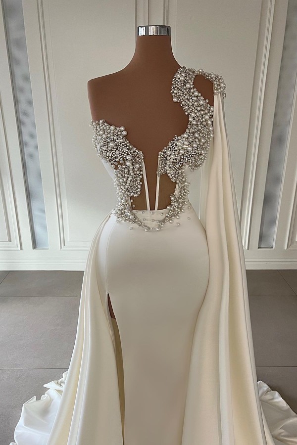 Robes de soirée luxe blanche avec perles en ligne pas cher