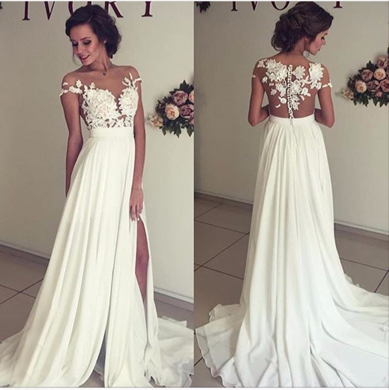 Robe de mariée A-ligne mousseline chic | Robe de mariage ligne A avec dentelle