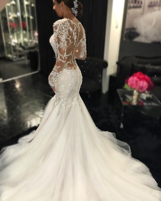 Forme fourreau robe de mariée élégante manche longue dentelle transparent traîne maxi