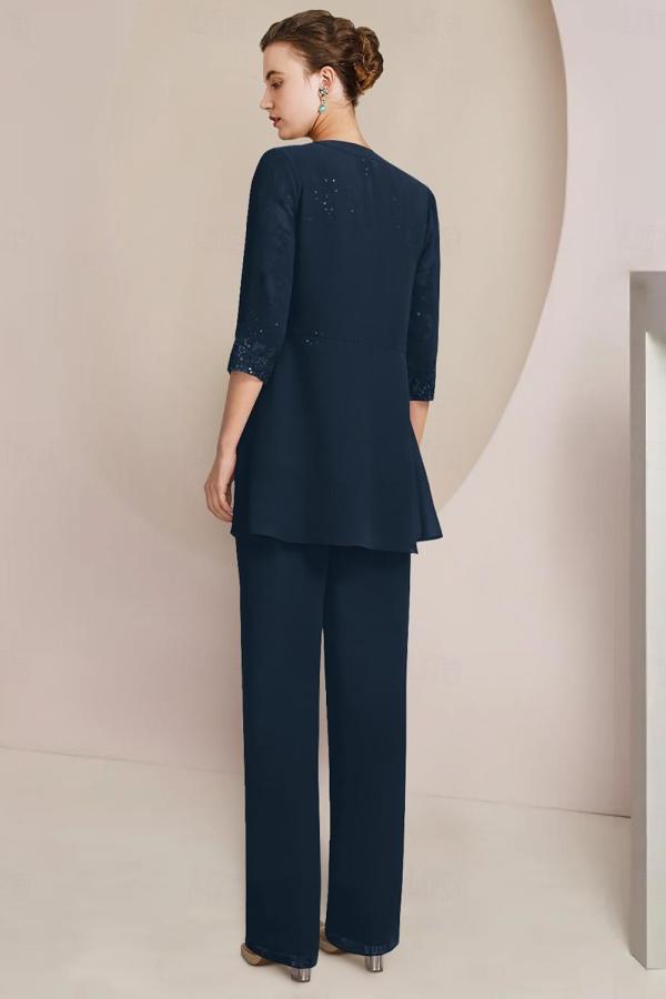 Tailleur-pantalon bleu marine pour mère de la mariée en mousseline de soie