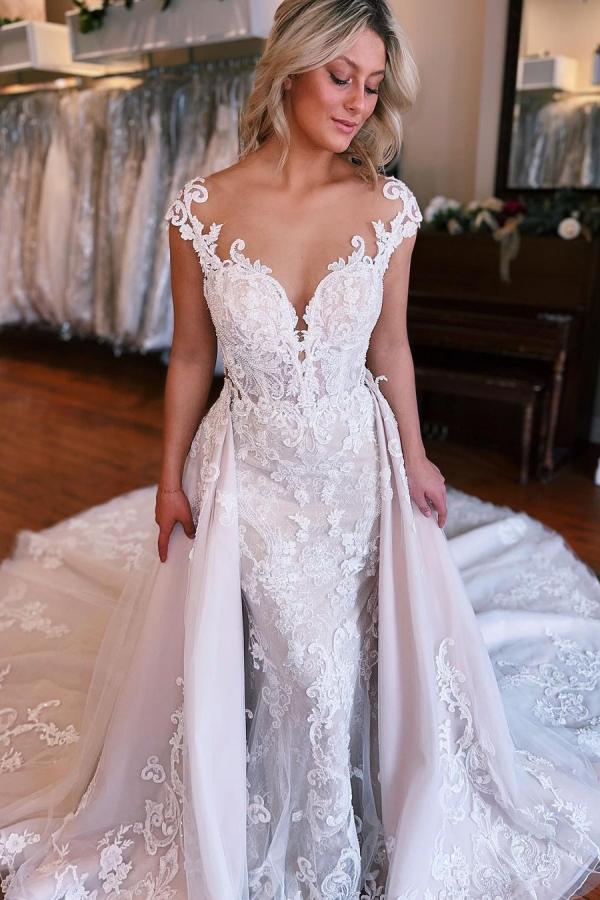 Robe de mariée sirène dentelle 2en1 avec traîne détachable magnifique