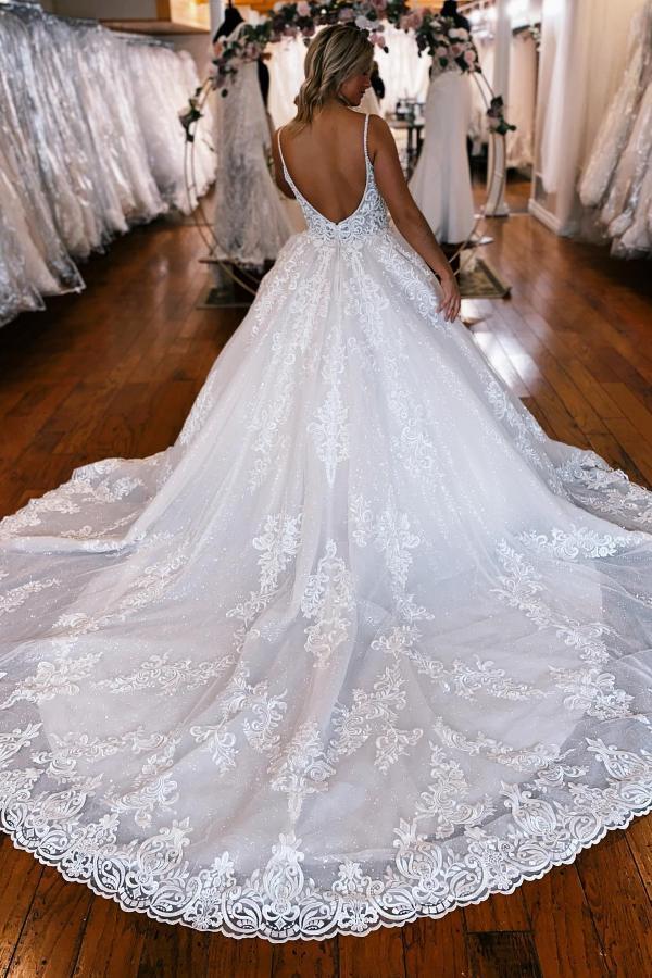Robe de mariée princesse dentelle à bretelles spaghetti populaire