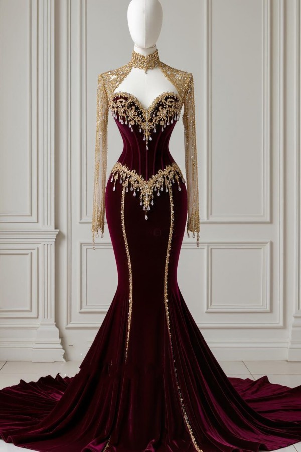 Weinrote Weihnachten Abendkleider Lang Velvet Ballkleider mit Glitzer