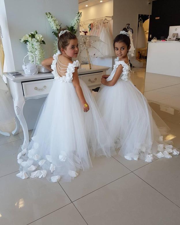 Robe de demoiselle d'honneur enfant princesse en tulle avec fleurs | Robe fillette princesse longue élégante avec perles