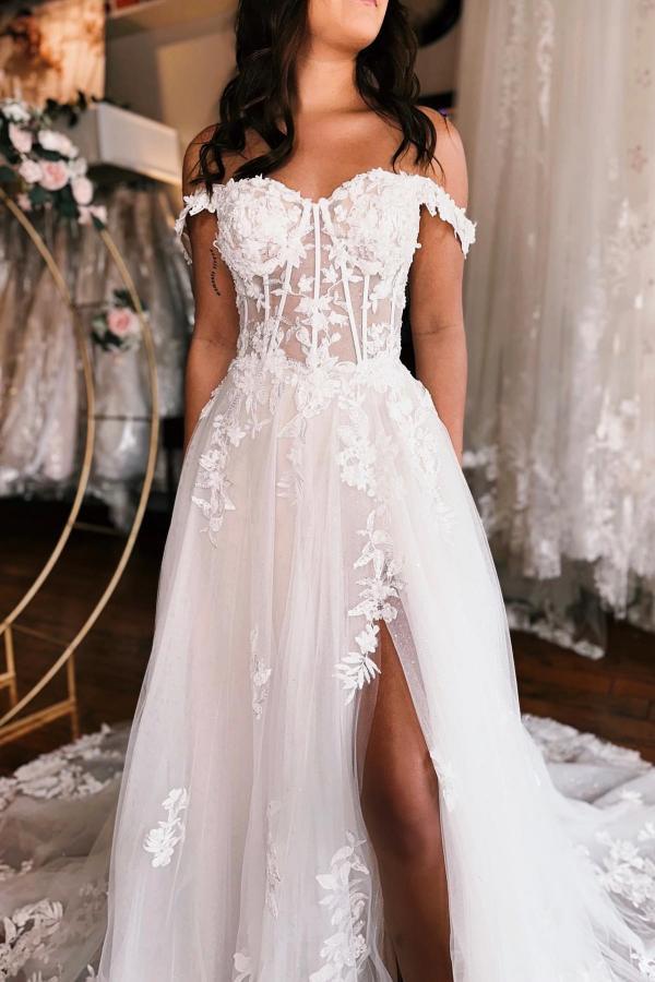 Robe de mariée ligne A dentelles fleuries bon tissue pas cher