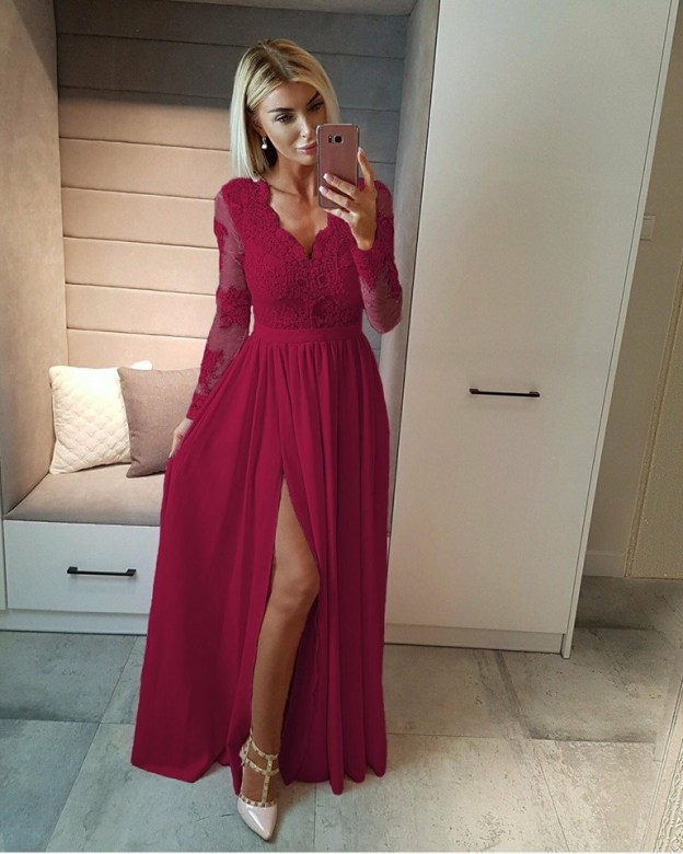 Forme Fourreau Col en V Manches Longues Robe de Soirée Mousseline Dentelle