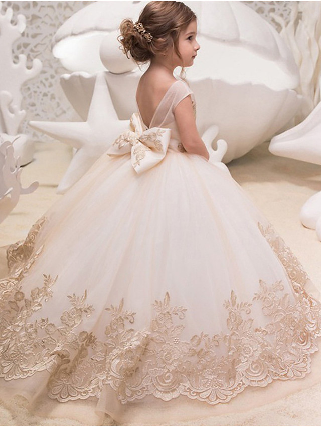 Robes de demoiselle d'honneur enfant fille dentelle nœud papillon à dos haute couture élégante et luxueuse